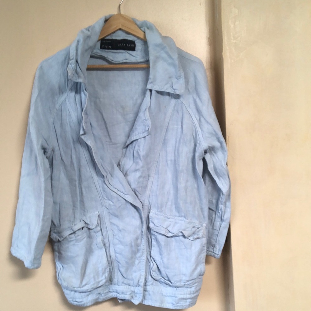 ZARA Linen Utility Bomber Spring Chore Jacket Baby Blue Cargo Pockets Relaxed